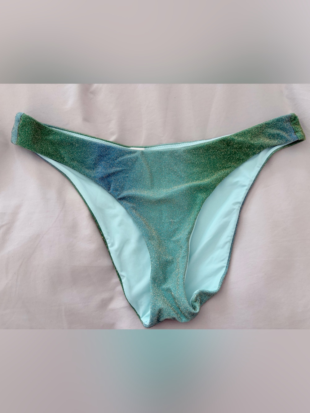 aerie Light Aqua Glitter Bikini Bottom, Cheeky, shimmer, size XL, UPF 50